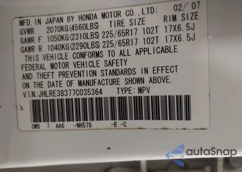 2007 Honda Cr-V Lx z USA, uszkodzony, nr VIN JHLRE38377C035364